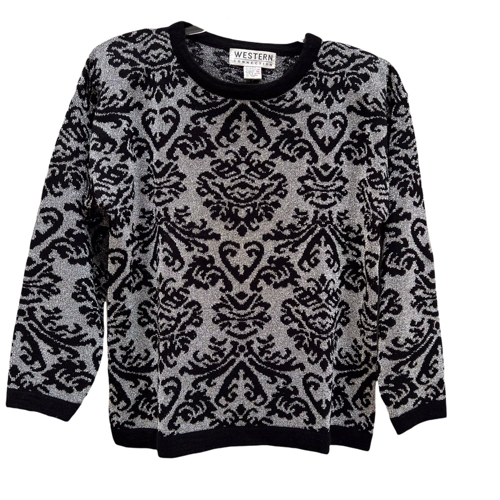 Vintage 80s Metallic Silver Damask Sweater Victorian Holiday Christmas NYE Party